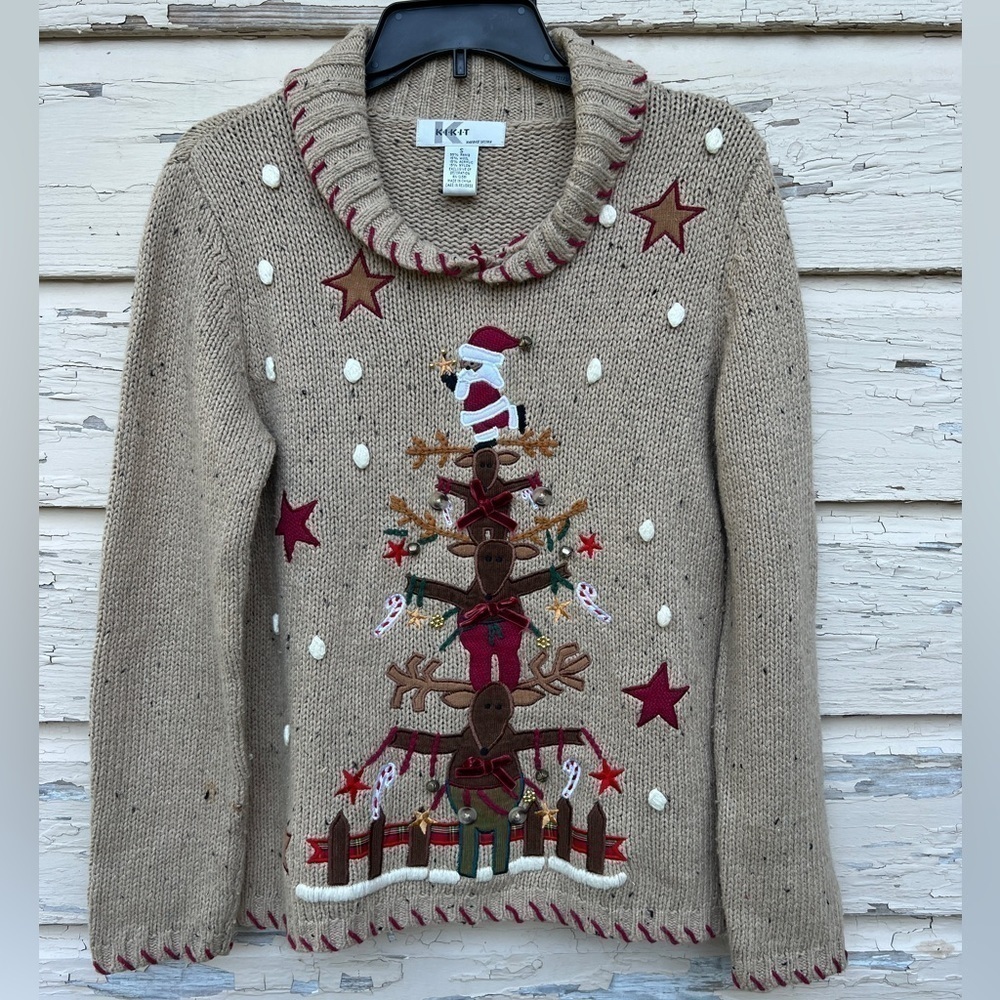 Vintage Y2K Kikit Ugly Christmas Holiday Reindeer Santa 3D Wool Blend Sweater